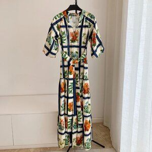 Palm linen blue plaid floral dress